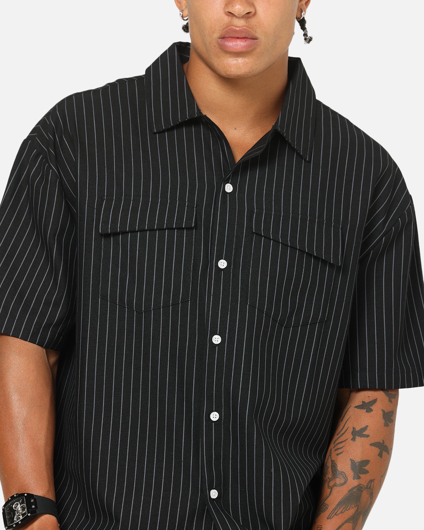 Saint Morta Gothic Pinstripe Button Up Shirt Jet Black