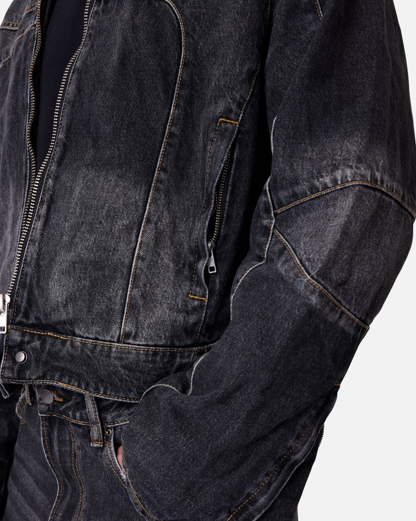 MNML Panelled Moto Denim Jacket Washed Black