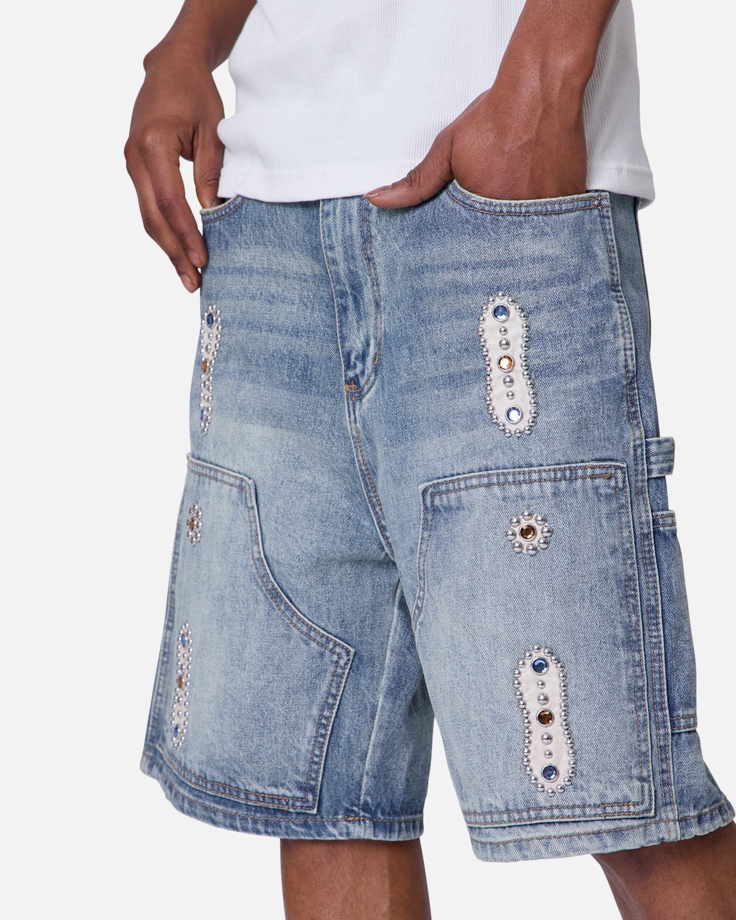 MNML Double Western Jewel Denim Shorts Blue