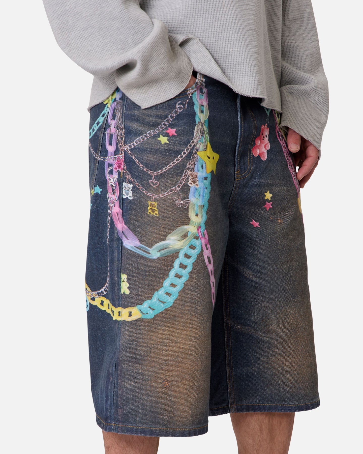 MNML Ultra Baggy Chain Printed Denim Shorts Blue