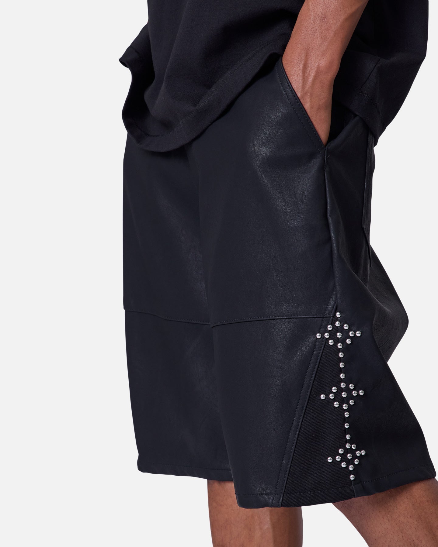 MNML Ultra Baggy Stud Leather Shorts Black