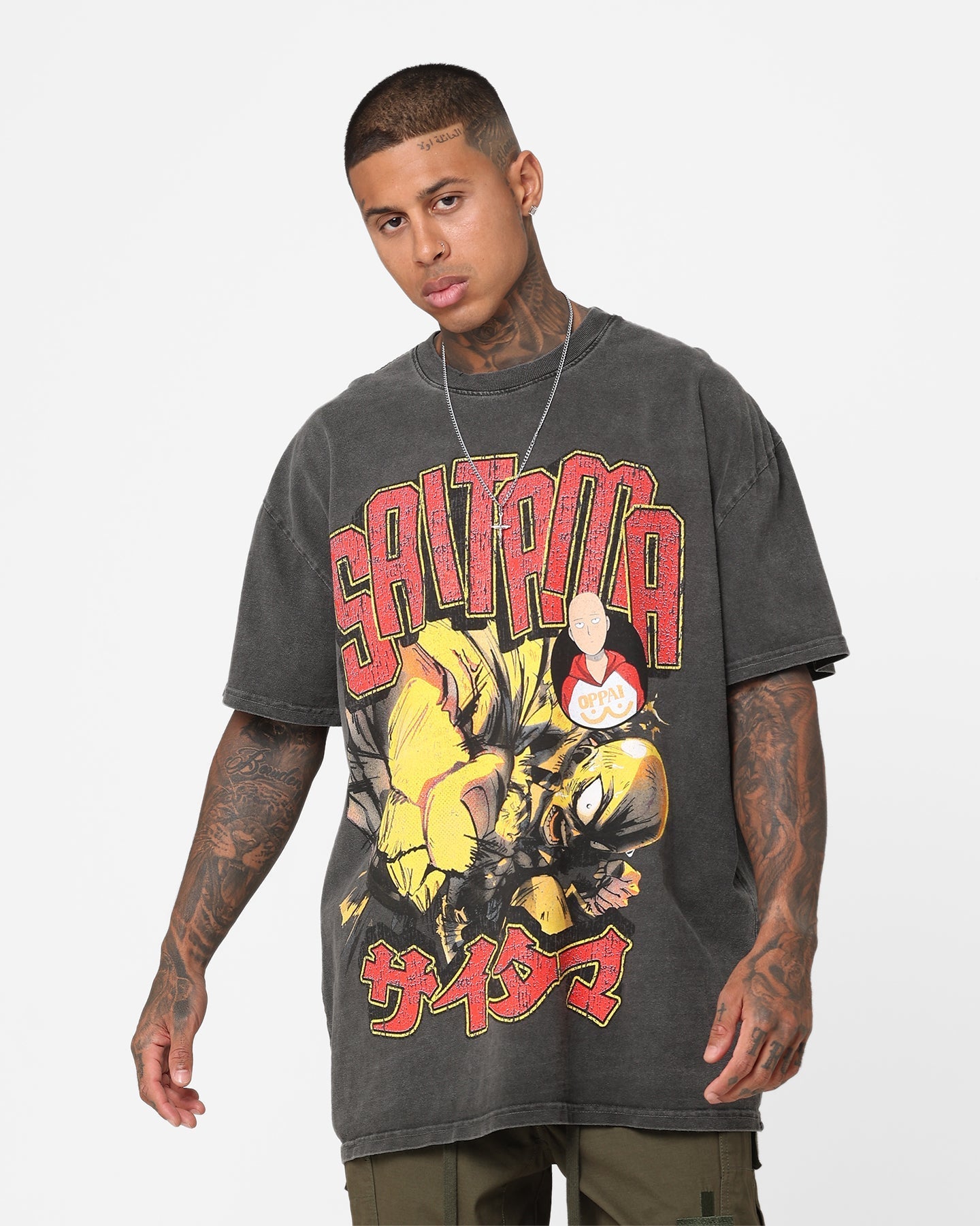 73Studio X One Punch Man Saitama Heavyweight Vintage T-Shirt Black Wash