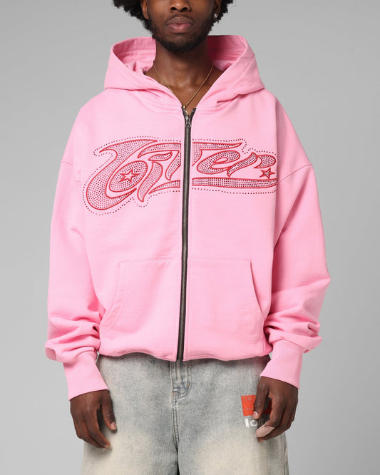 Loiter Silicone Rhinestone Zip Hoodie Pink