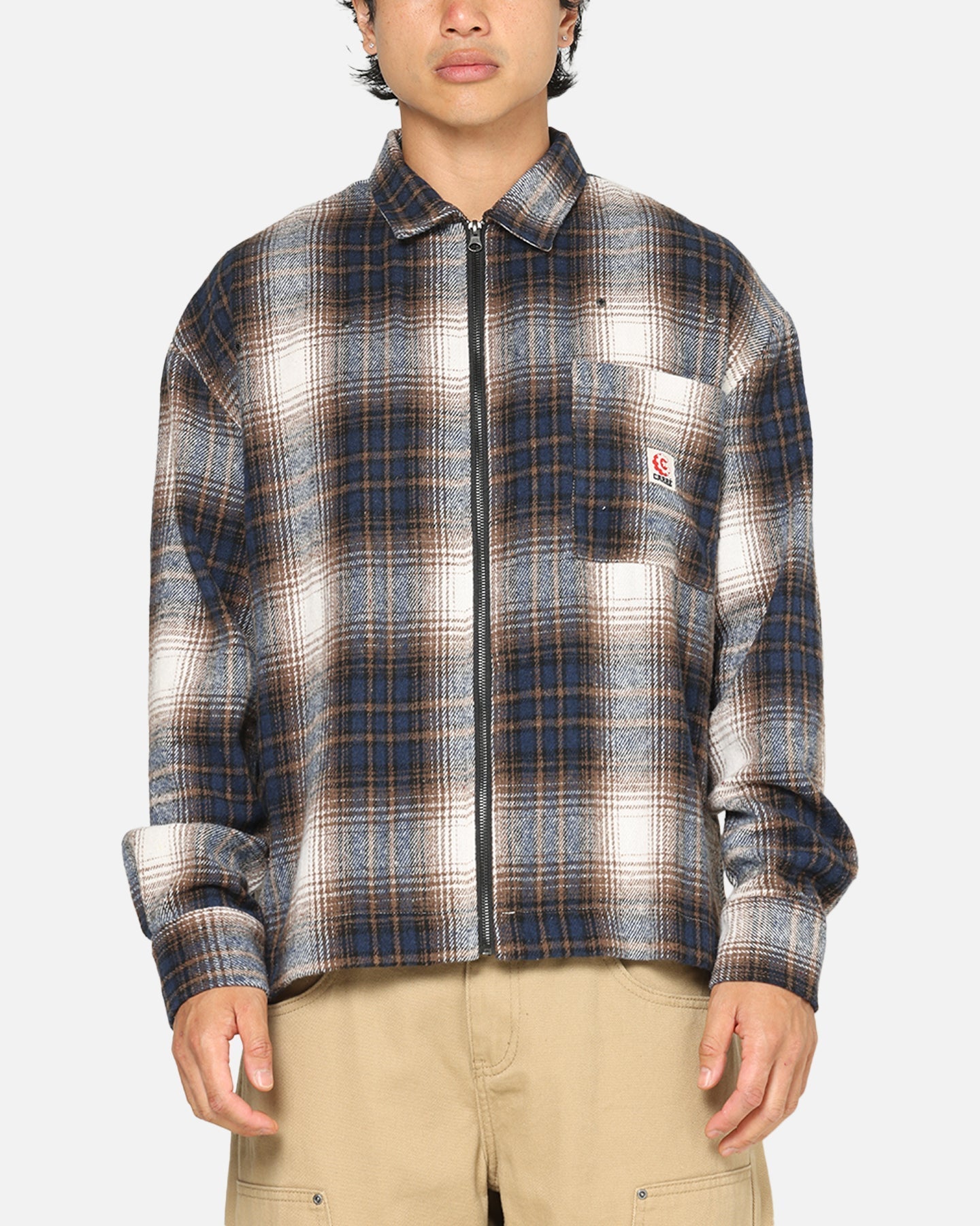 Carre Ombre Zip Up Long Sleeve Shirt Black Plaid
