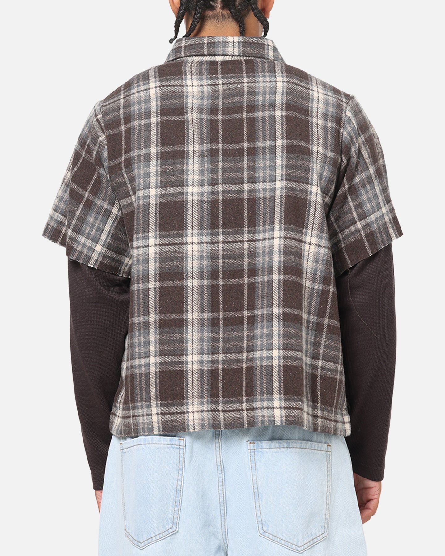Saint Morta Plaid Layered Long Sleeve Button Up Shirt Brown