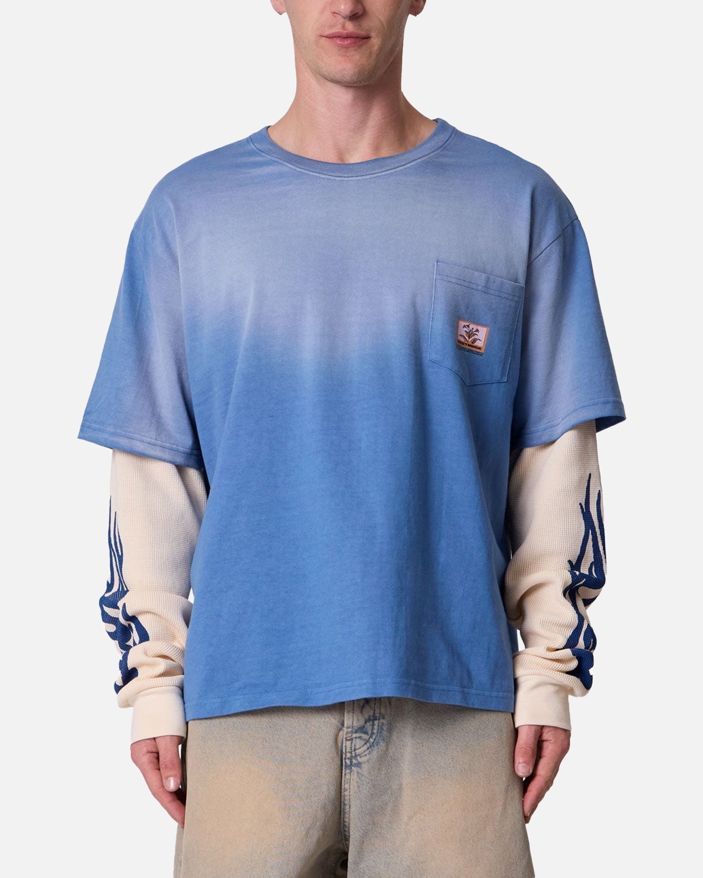 MNML Layered Flame Pocket Long Sleeve T-Shirt Washed Blue