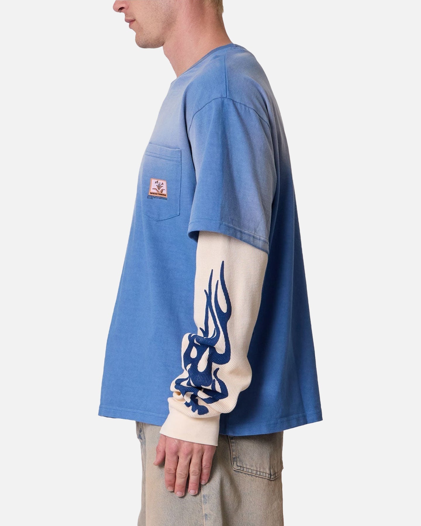 MNML Layered Flame Pocket Long Sleeve T-Shirt Washed Blue