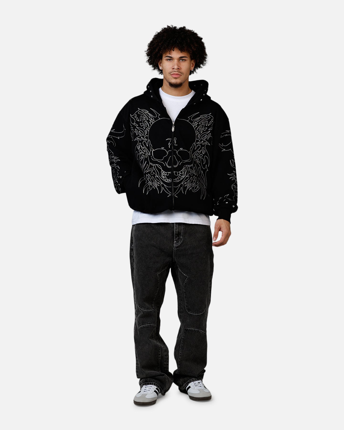 Revenge Tribal Skull Studded Zip Hoodie Black
