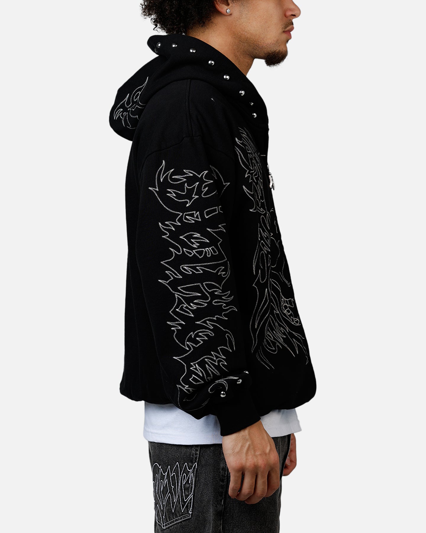 Revenge Tribal Skull Studded Zip Hoodie Black