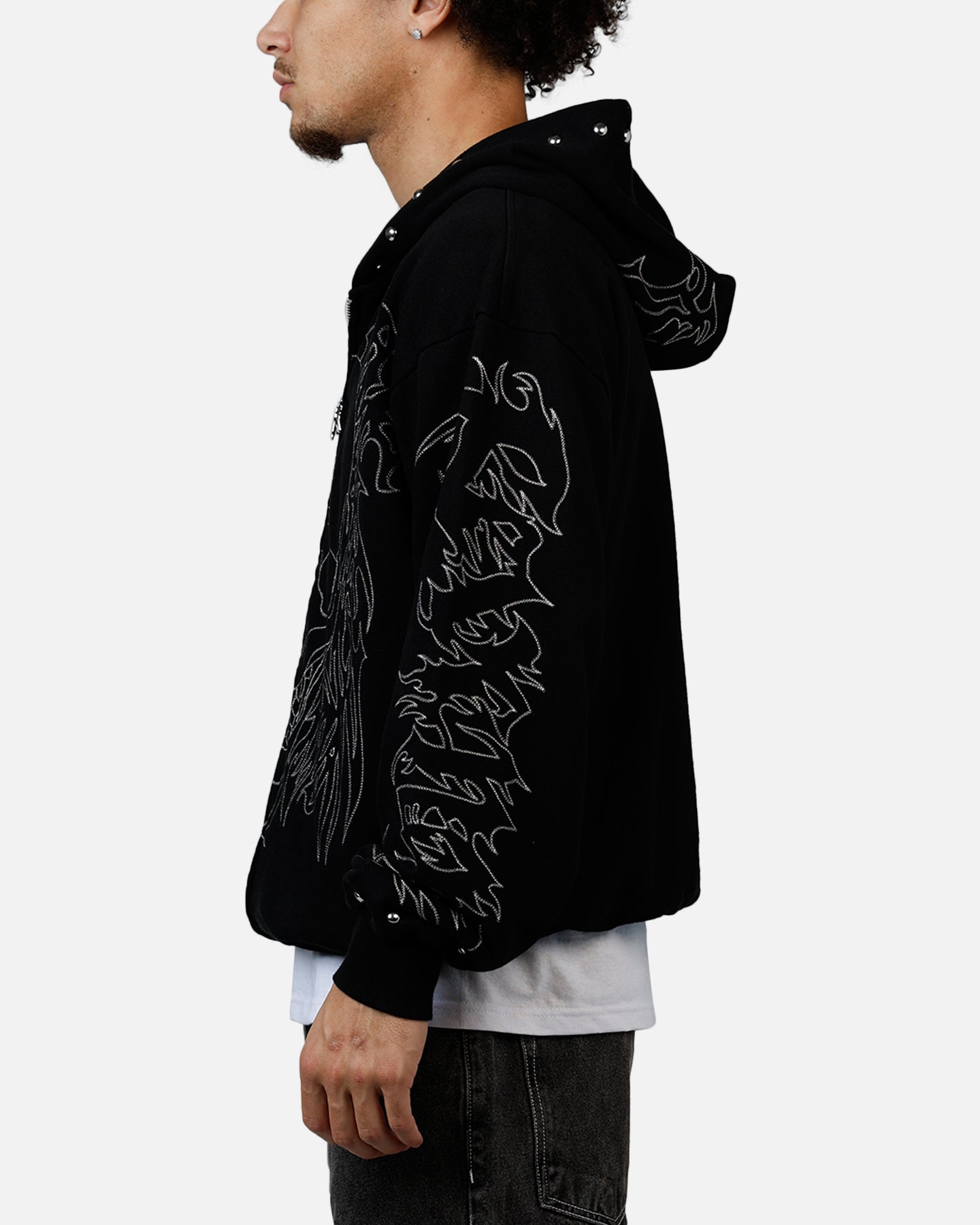 Revenge Tribal Skull Studded Zip Hoodie Black