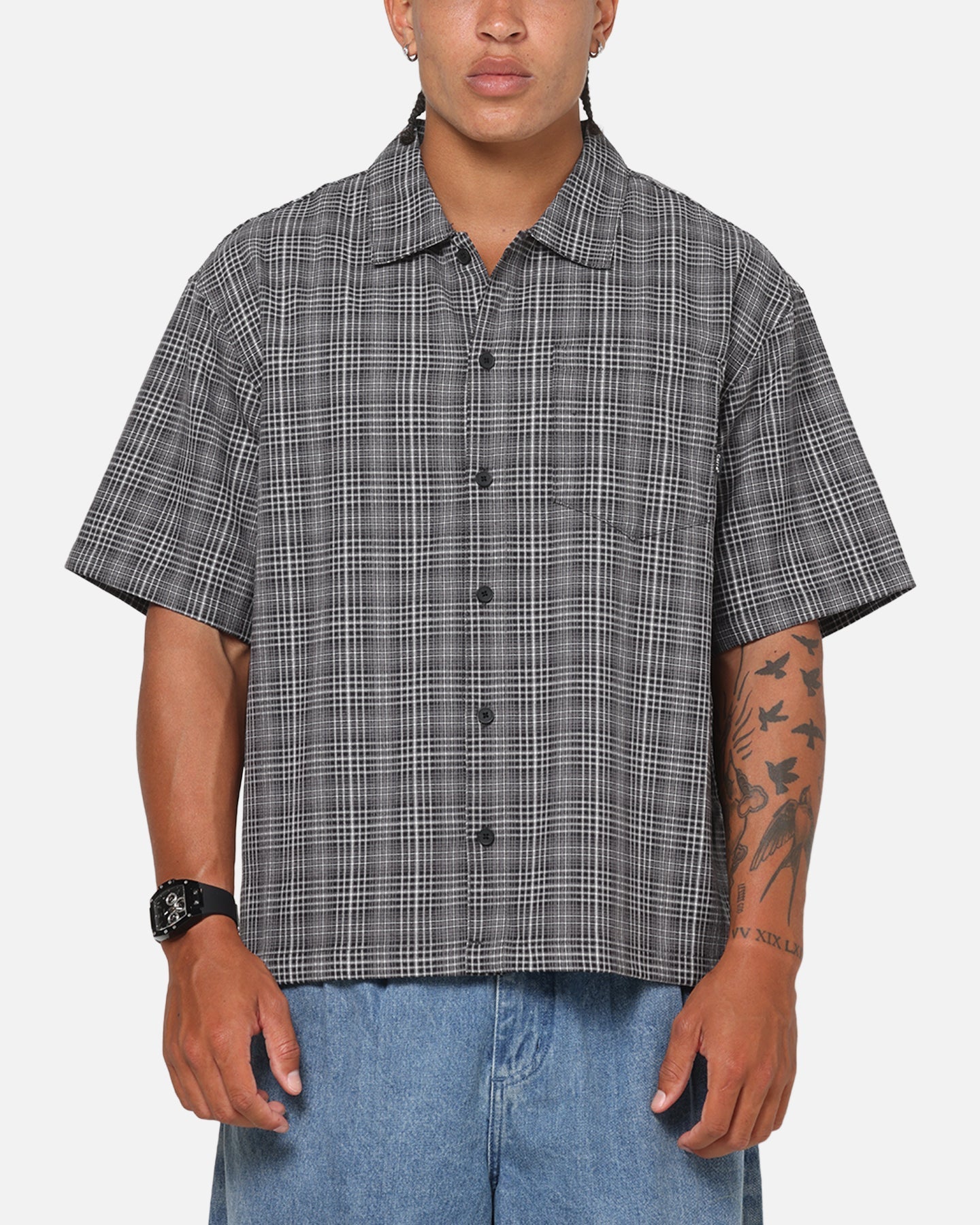 Carre Plaid Button Up Shirt Black-Plaid