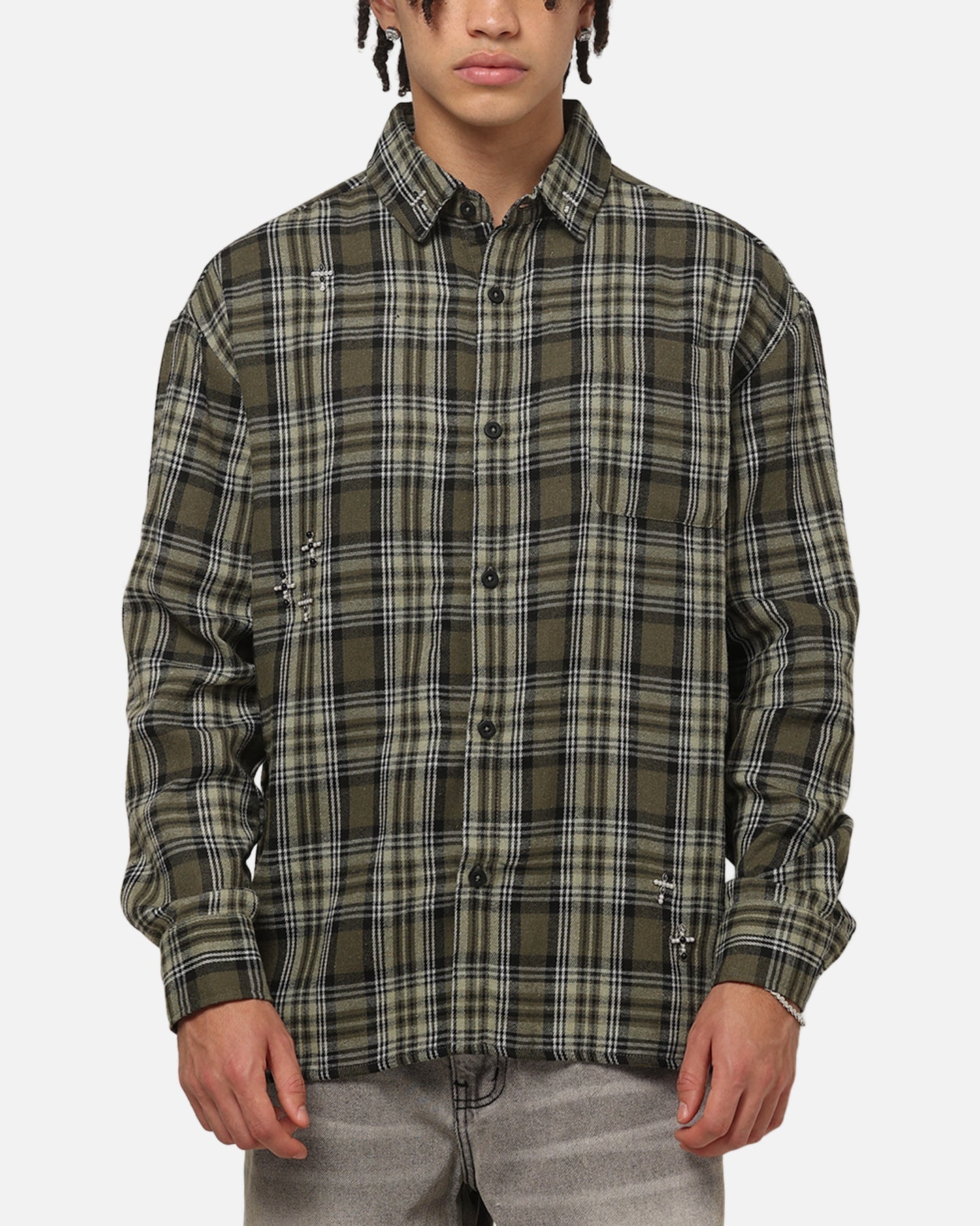 Saint Morta Credo Plaid Long Sleeve Button Up Shirt Green-plaid
