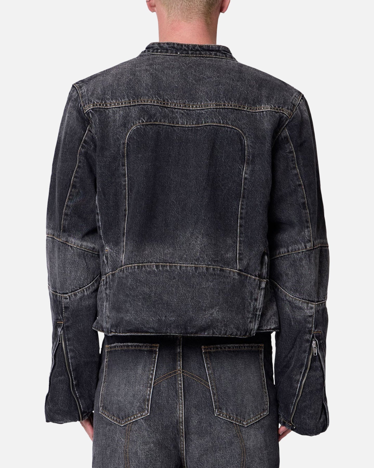 MNML Panelled Moto Denim Jacket Washed Black
