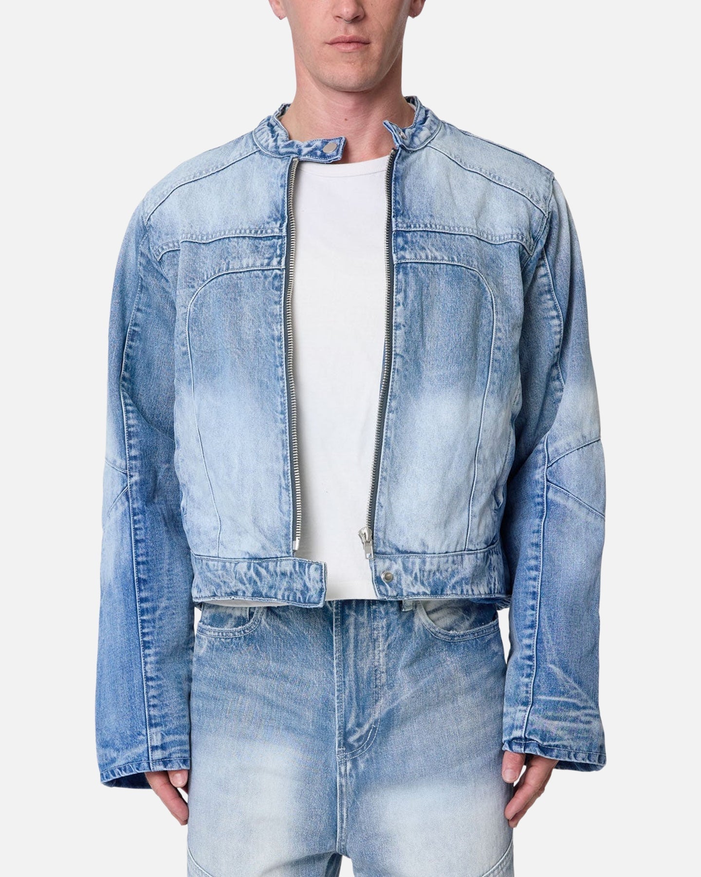 MNML Panelled Moto Denim Jacket Washed Blue