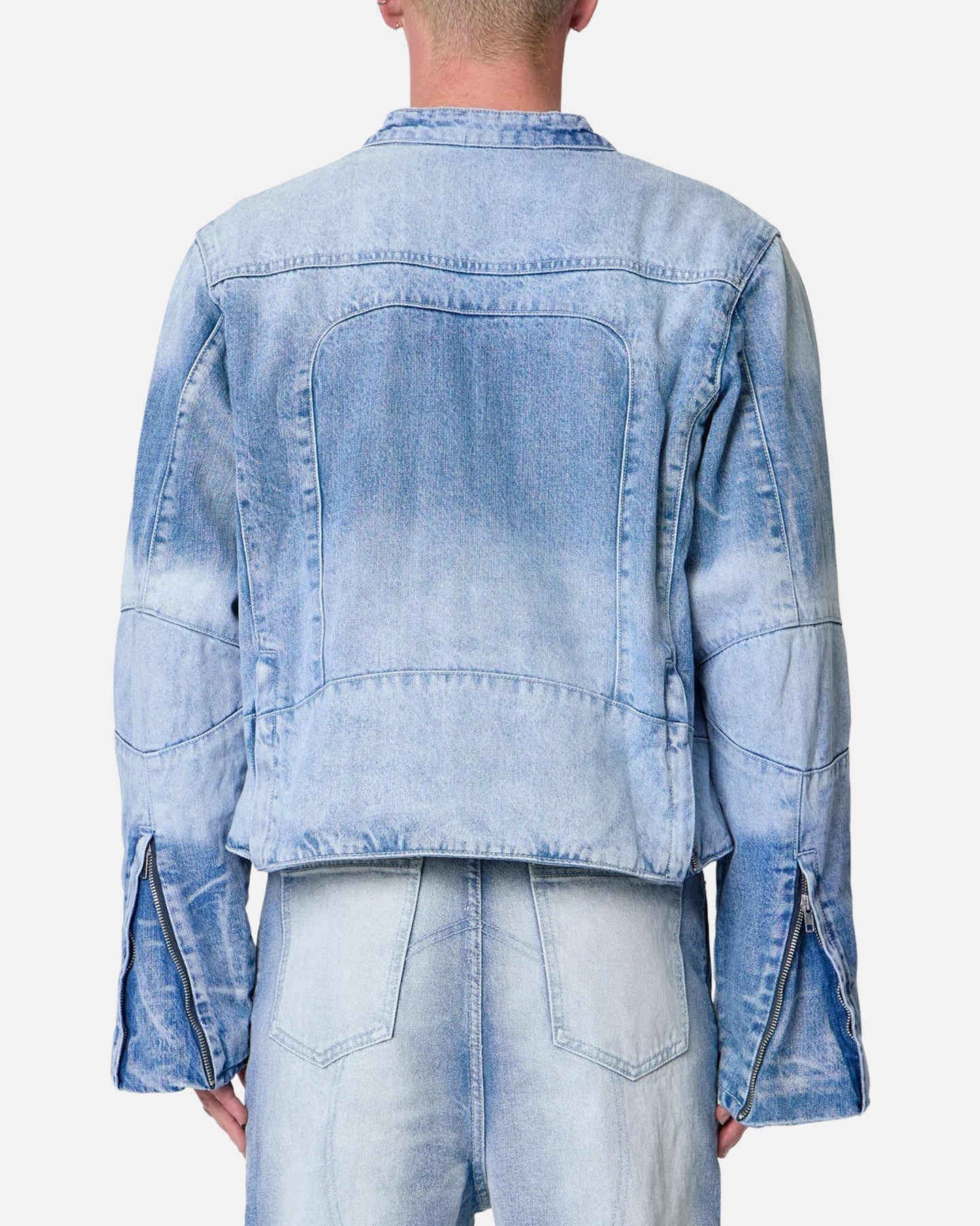 MNML Panelled Moto Denim Jacket Washed Blue