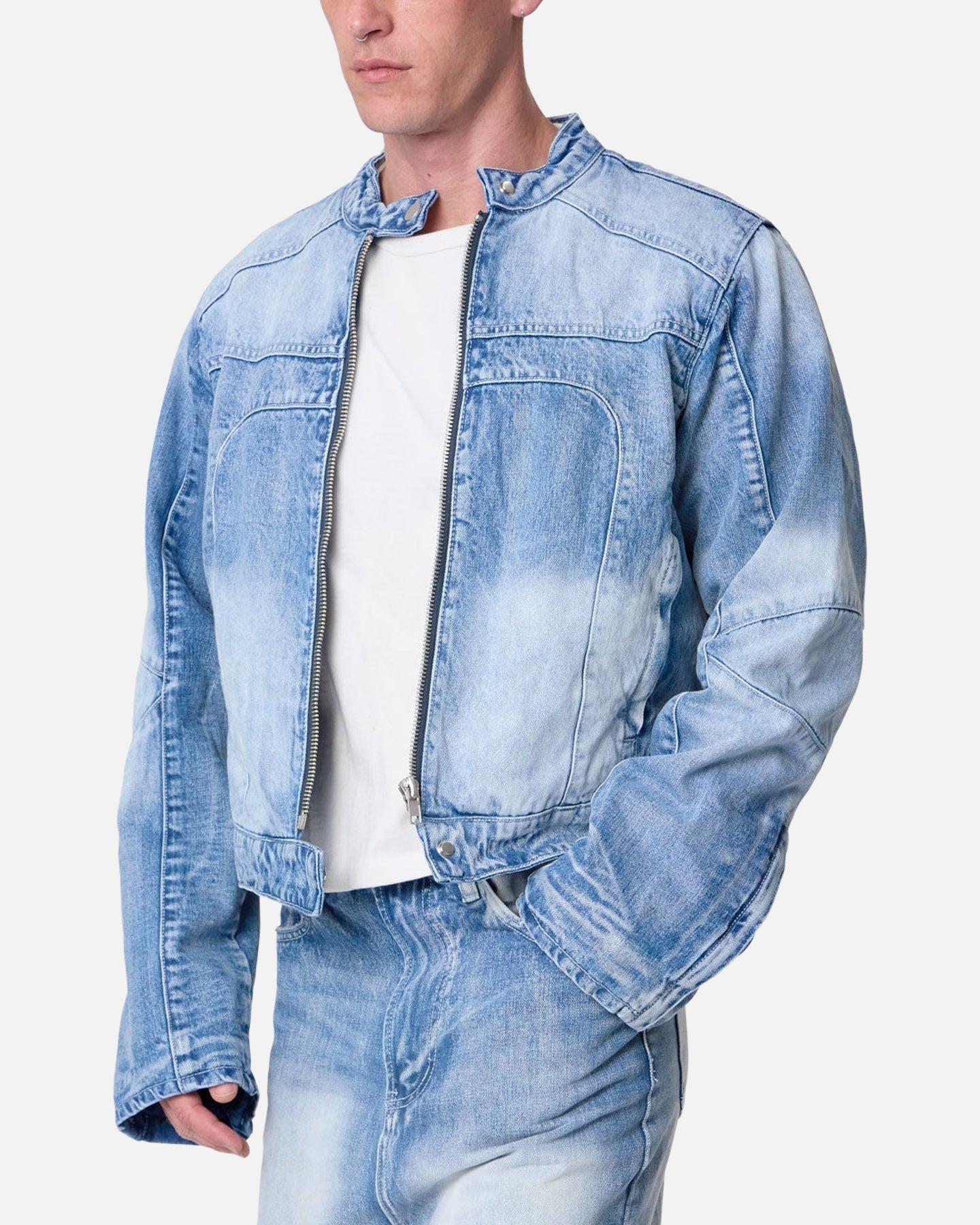 MNML Panelled Moto Denim Jacket Washed Blue