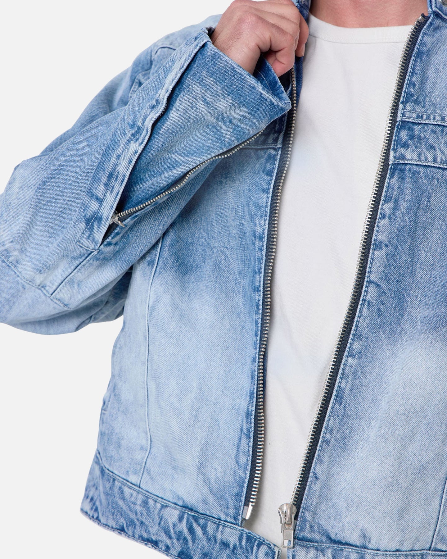 MNML Panelled Moto Denim Jacket Washed Blue
