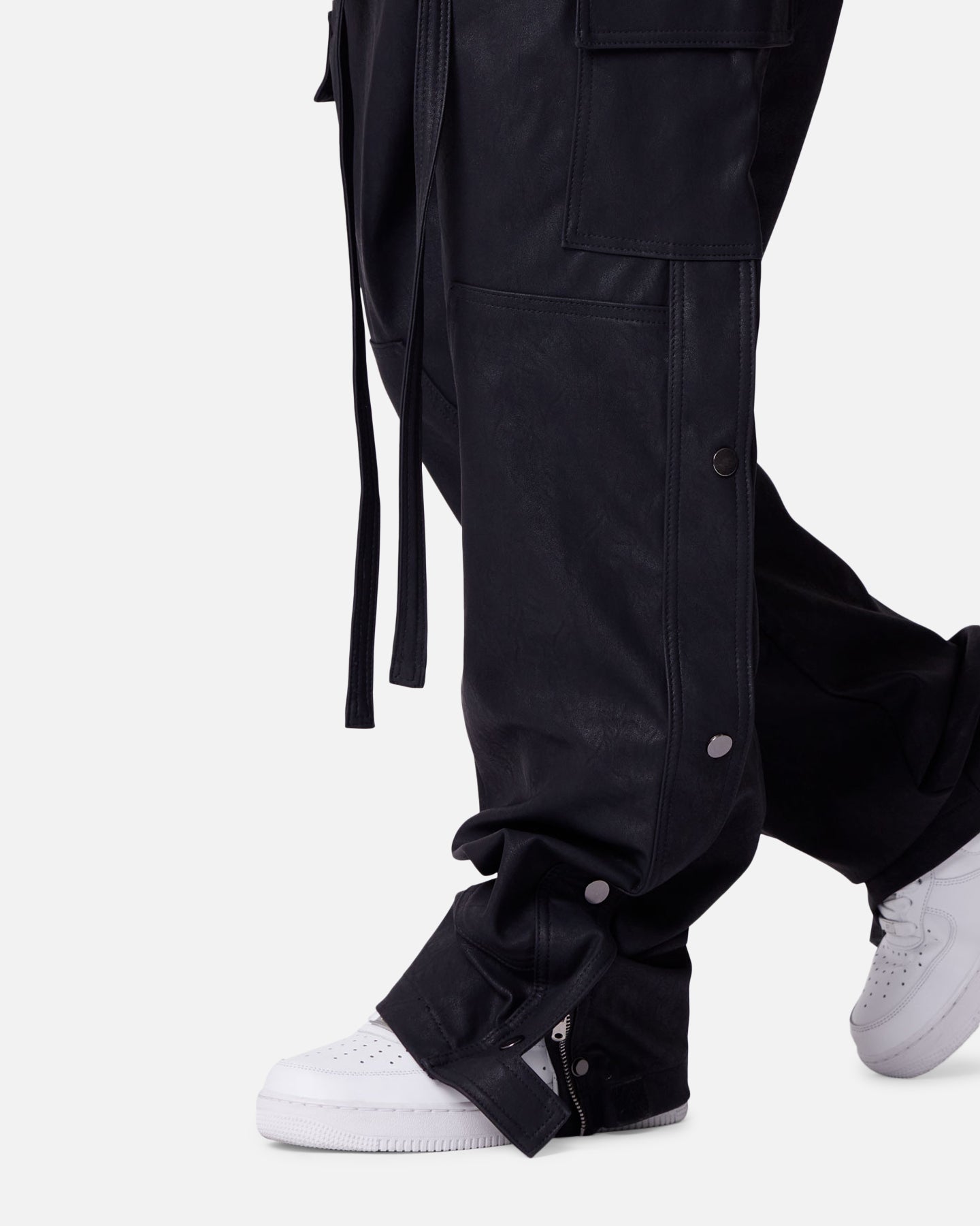 MNML Straight Leather Snap Zipper Cargo Pants Black