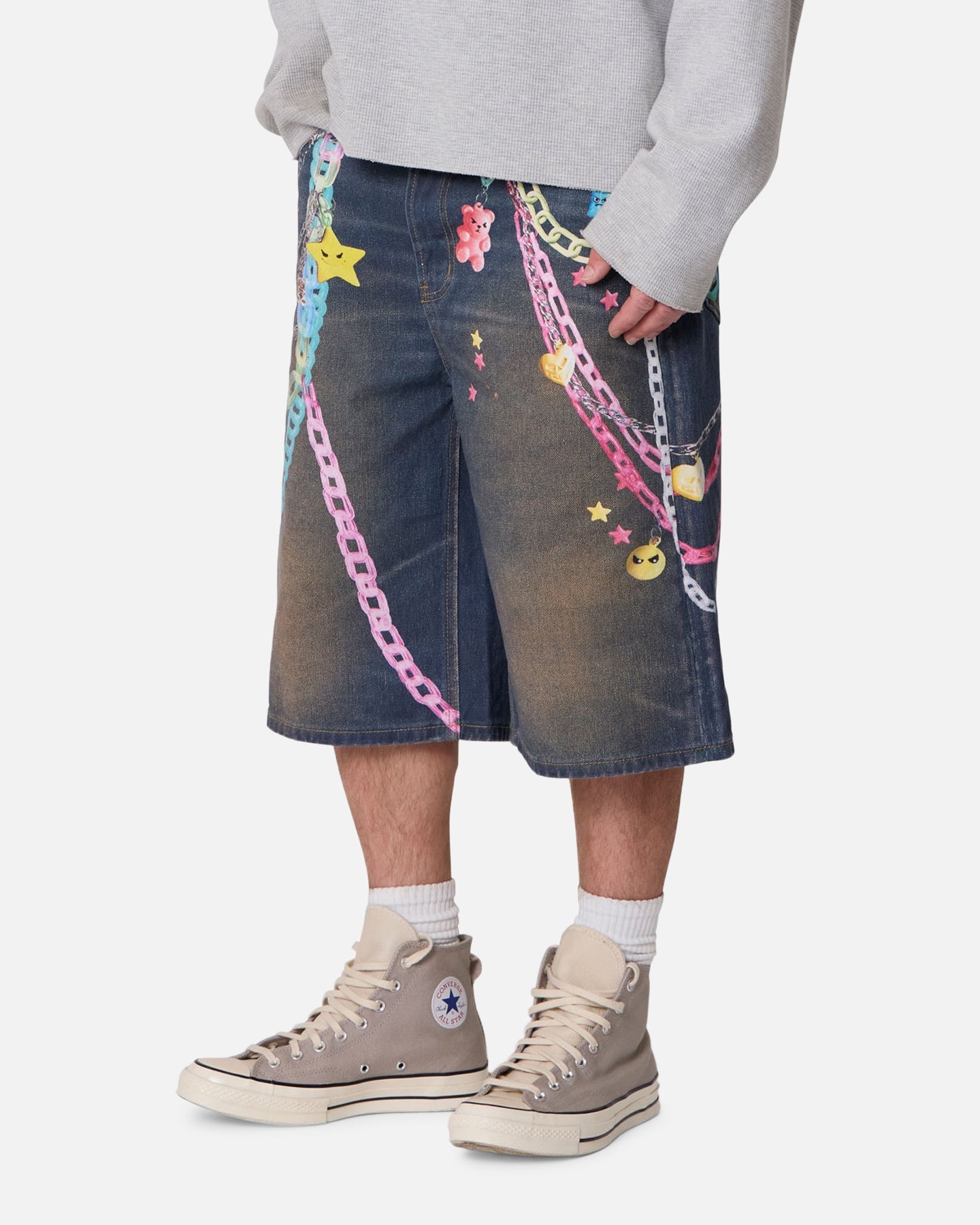MNML Ultra Baggy Chain Printed Denim Shorts Blue