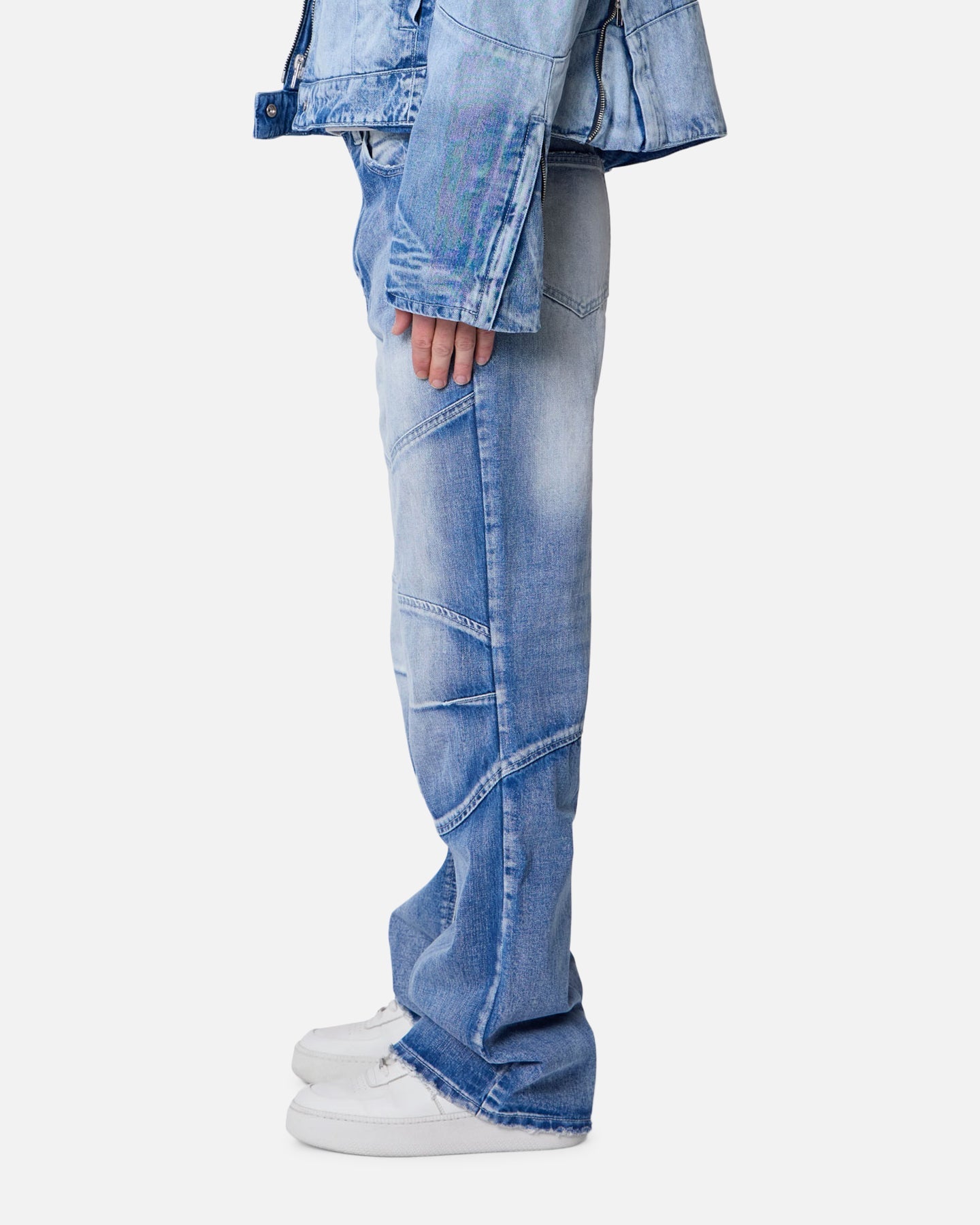 MNML Panelled Moto Denim Jeans Washed Blue