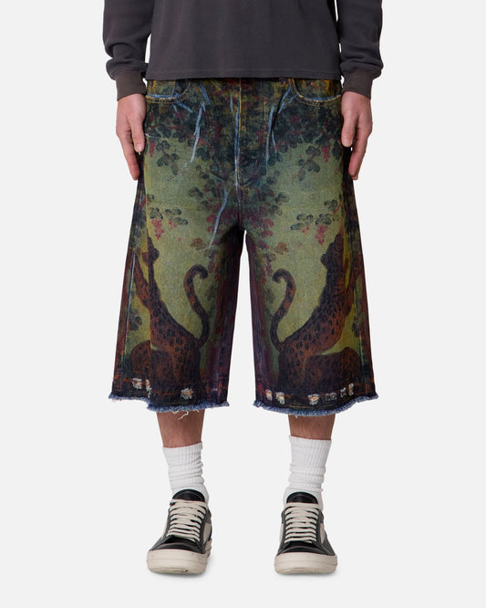 MNML Ultra Baggy Leopard Denim Shorts Multi