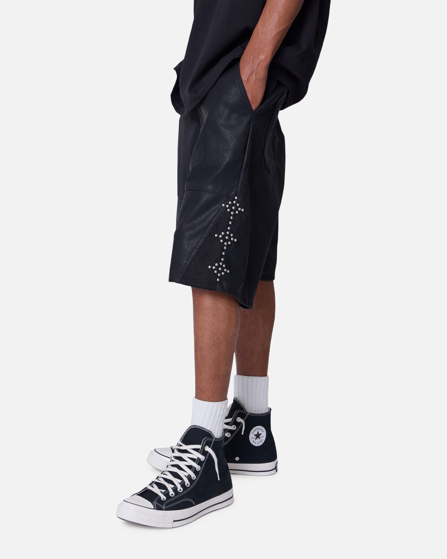 MNML Ultra Baggy Stud Leather Shorts Black