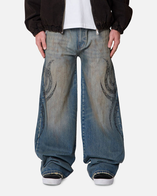 MNML Ultra Wide Tribal Denim Jeans Medium Blue